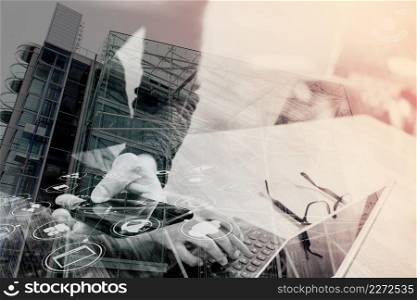 Double exposure of Businessman hand using mobile payments online shopping,omni channel,in modern office wooden desk,London city buildings,eyeglass