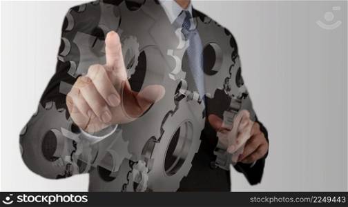 Double exposure of businessman hand with gear to success concept