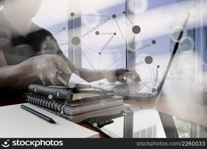 double exposure of businessman hand working with smart phone with laptop computer with social network media diagram