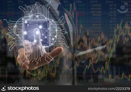 Double exposure of Businessman pointing the Artificial intelligence of brain technology over Stock market exchange information on cityscape background, AI and technology business trading concept