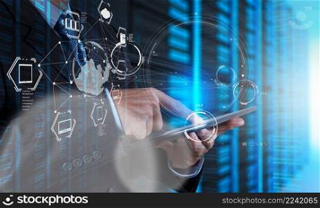 Double exposure of businessman shows modern technology as concept 