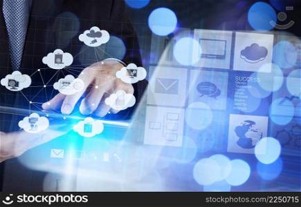 Double exposure of businessman shows modern technology as concept