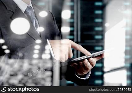 double exposure of businessman shows modern technology as concept  