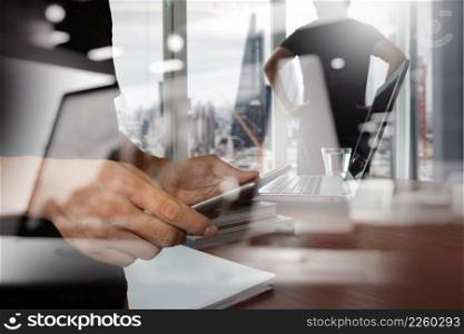 double exposure of businessman shows modern technology with business strategy as concept