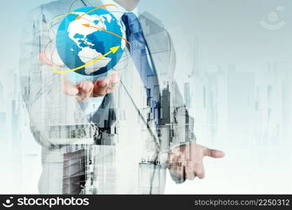 Double exposure of businessman shows social network structure as concept