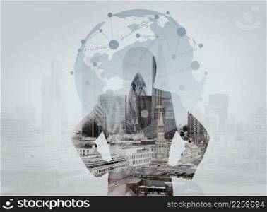 double exposure of businessman stands successfully on building top Looking Towards the future with social media diagram