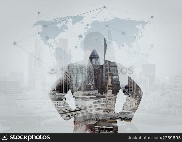 double exposure of businessman stands successfully on building top Looking Towards the future with social media diagram