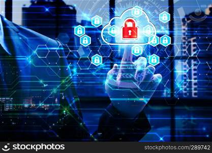 Double exposure of businessman touch virtual currency padlock over the Network connection, Cyber Security Data Protection Business Technology Privacy concept