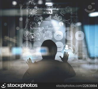 double exposure of businessman working on modern technology as concept