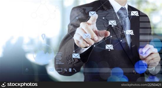 double exposure of businessman working with digital social media network concept