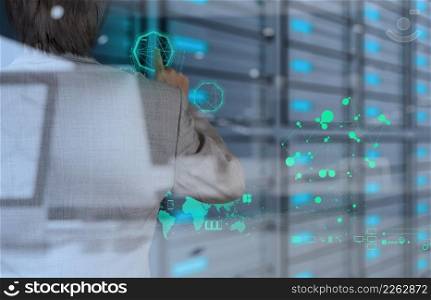 double exposure of businessman working with modern technology as concept