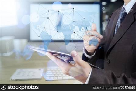 Double exposure of businessman working with new modern computer show social network structure and bokeh exposure