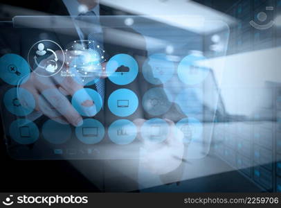 Double exposure of businessman working with new modern computer show social network structure and bokeh exposure