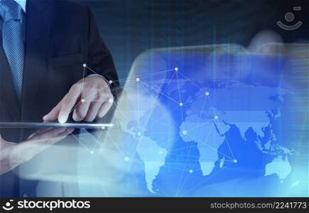 Double exposure of businessman working with new modern computer show social network structure 