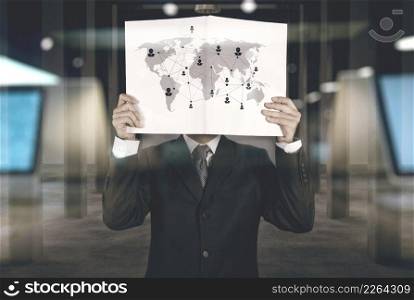 double exposure of businessman working with new modern computer show social network structure