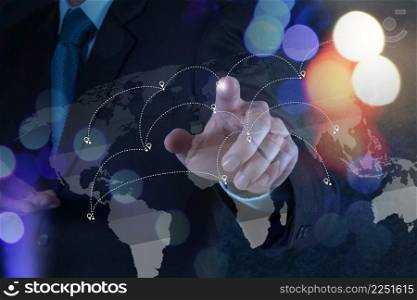 Double exposure of businessman working with new modern computer show social network structure as concept 