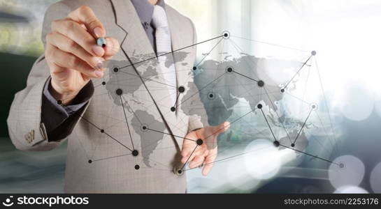 Double exposure of businessman working with new modern computer show social network structure as concept 