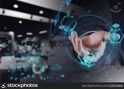 double exposure of businessman working with new modern computer show social network structure as concept
