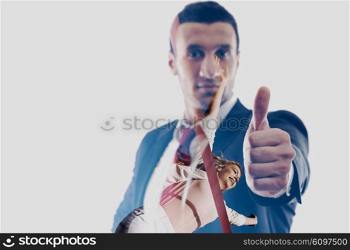 double exposure of Businessmen making his thumb up saying OK sign symbol isolated on white background in studio