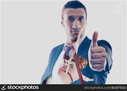 double exposure of Businessmen making his thumb up saying OK sign symbol isolated on white background in studio
