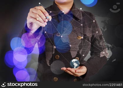 Double exposure of businesswoman working with new modern computer show social network structure as concept