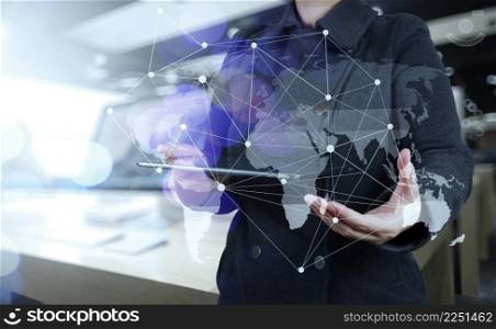 Double exposure of businesswoman working with new modern computer show social network structure as concept