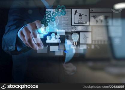 double exposure of engineer businessman working on modern technology as concept