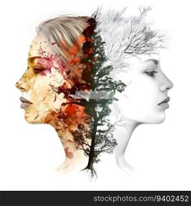 Double exposure of female head and nature background. Conceptual image.