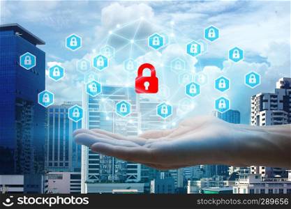 Double exposure of hand holding interface with padlock technology, Cyber Security Data Protection Business Technology Privacy concept.
