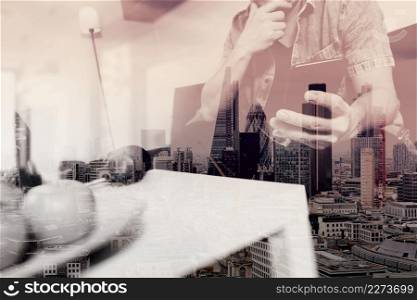 double exposure of hipster hand using smart phone for mobile payments online business,sitting on sofa in living room,green apples in wooden tray,London city buildings