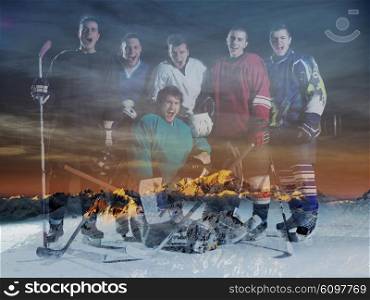 double exposure of ice hockey players team group meeting with trainer in sport arena indoors