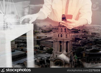 Double exposure of Justice and Law context.Male lawyer hand sitting on sofa and working with smart phone,digital tablet computer docking keyboard with gavel and document on living table at home,London architecture city