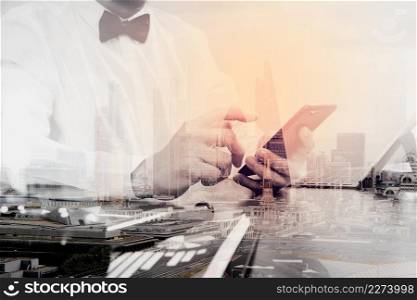 Double exposure of Justice and Law context.Male lawyer hand working with smart phone,digital tablet computer docking keyboard with gavel and document on wood table,London architecture city