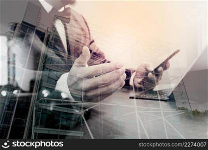 Double exposure of Justice and Law context.Male lawyer hand working with smart phone,digital tablet computer docking keyboard with gavel and document on wood table,London architecture city