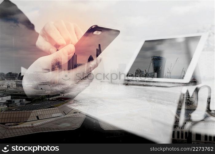 double exposure of man hand using VOIP headset with digital tablet computer docking keyboard,smart phone,concept communication, it support, call center and customer service help desk,London architecture city