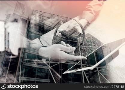 double exposure of man hand using VOIP headset with smart phone and digital tablet computer as call center and customer service help desk with compact server at foreground as concept,London architecture city