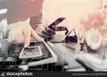 double exposure of Man using VOIP headset with digital tablet computer docking keyboard,smart phone,concept communication, it support, call center and customer service help desk,vase flowers on wooden table,London buildings city