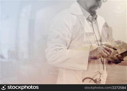 Double exposure of Medical technology concept. Doctor hand working with modern smart phone with medical chart interface,multi channel connection,London buildings