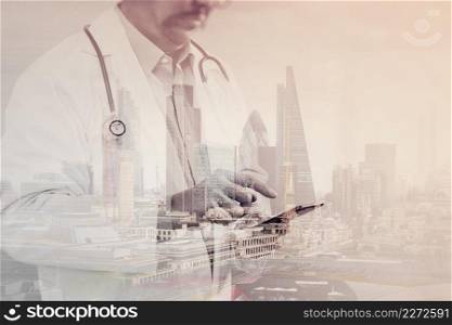 Double exposure of Medical technology concept. Doctor hand working with modern smart phone with medical chart interface,multi channel connection,London buildings