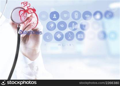 double exposure of Medicine doctor hand working with modern computer interface as medical concept