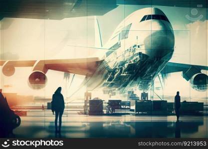 double exposure of modern airport terminal and vintage airplane, with blurred people in the background, created with generative ai. double exposure of modern airport terminal and vintage airplane, with blurred people in the background