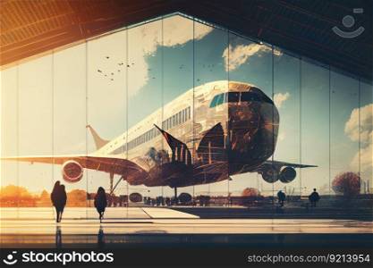 double exposure of modern airport terminal and vintage airplane, with blurred people in the background, created with generative ai. double exposure of modern airport terminal and vintage airplane, with blurred people in the background