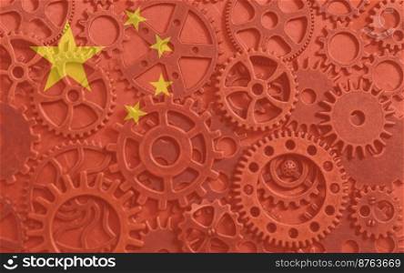 Double exposure of National official China flag with Metal gears wheels.. Double exposure of National official China flag with Metal gears wheels