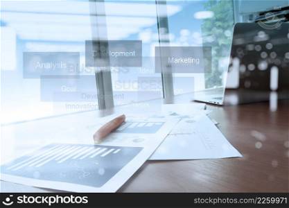 double exposure of Office workplace with laptop and smart phone on wood table with eyeglasses