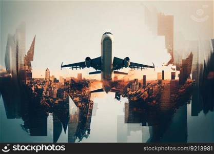 double exposure of plane flying over bustling city, with clear view of the skyscrapers in the background, created with generative ai. double exposure of plane flying over bustling city, with clear view of the skyscrapers in the background