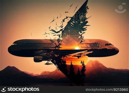 double exposure of plane taking off, with the sun setting behind it, created with generative ai. double exposure of plane taking off, with the sun setting behind it