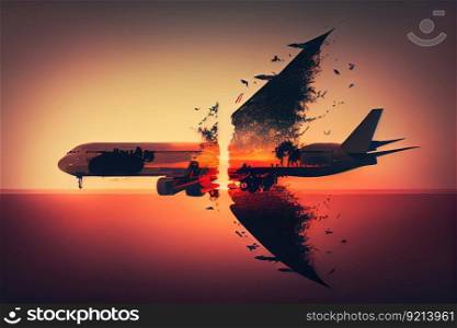 double exposure of plane taking off, with the sun setting behind it, created with generative ai. double exposure of plane taking off, with the sun setting behind it