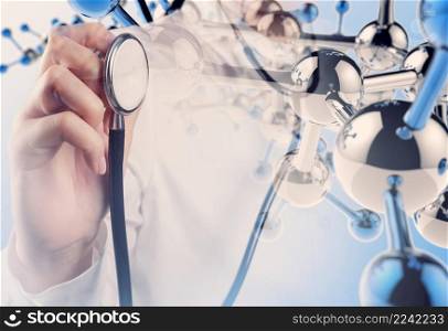 Double exposure of scientist doctor hand holds virtual molecular structure in the lab as concept