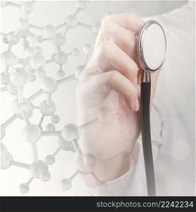 Double exposure of scientist doctor hand holds virtual molecular structure in the lab as concept