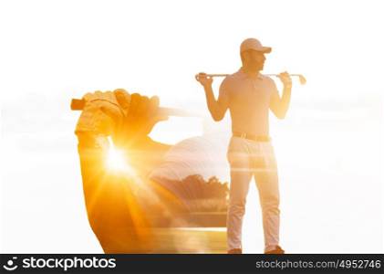 Double exposure of senior golf player holding club combined with green field